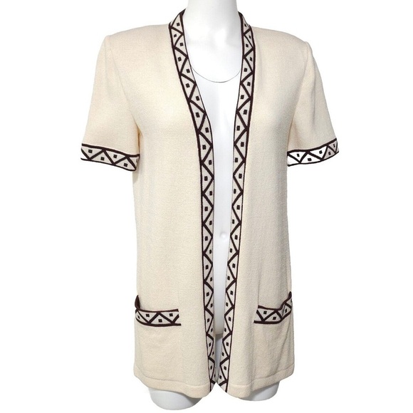 Vintage St. John Cream Black Open Cardigan Sweater Shirt Geometric Pockets Small - Picture 2 of 7